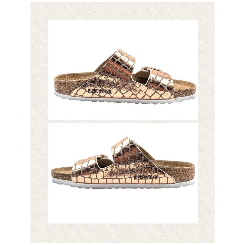 Birkenstock Arizona Rose Gold Metallic Croc Embossed Slide Sandals Womens 8